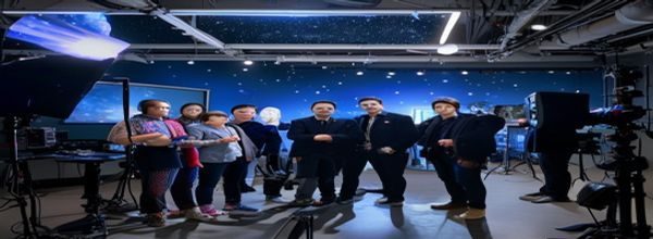 不见星空主创团队2026年7月接受媒体采访，导演方宇轩与主演林珩苏语嫣在摄影棚合影，专业氛围浓厚